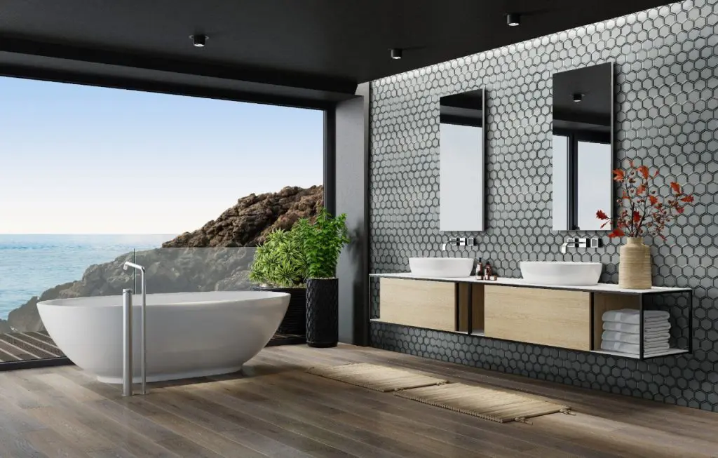 Glass hexigon subway tile in bathroom