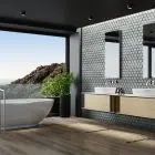Glass hexigon subway tile in bathroom
