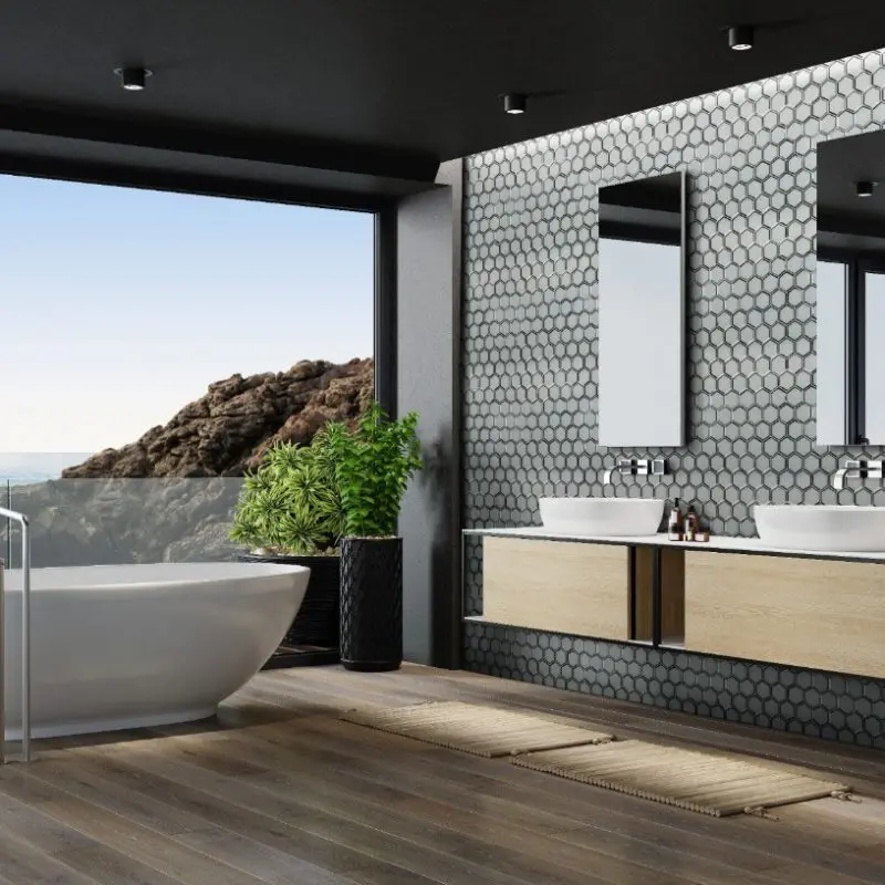 Glass hexigon subway tile in bathroom