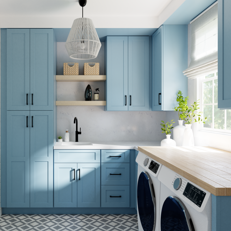 Fabuwood Allure Galaxy Izel Blue Kitchen Design with Laundry Room