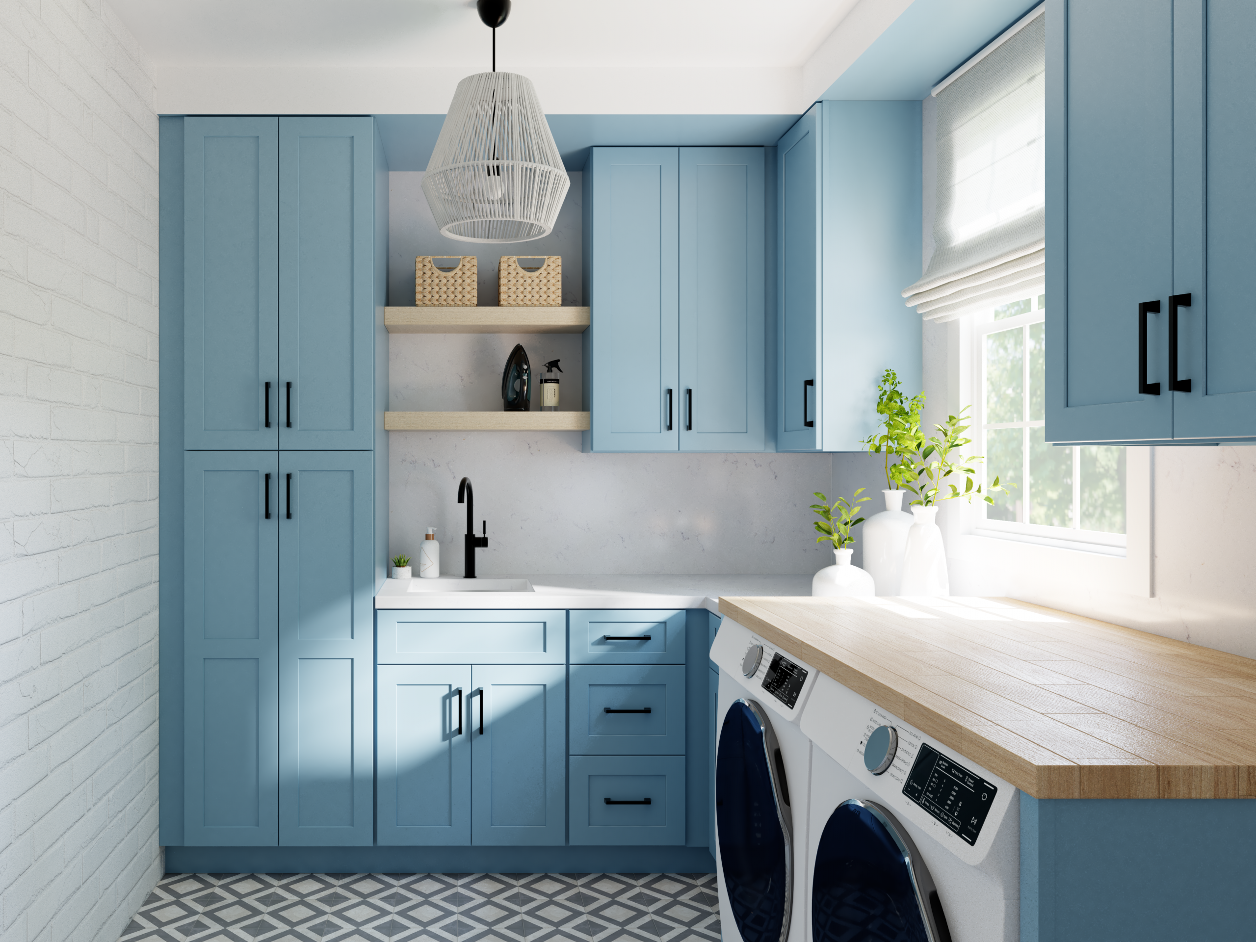 Fabuwood Allure Galaxy Izel Blue Kitchen Design with Laundry Room