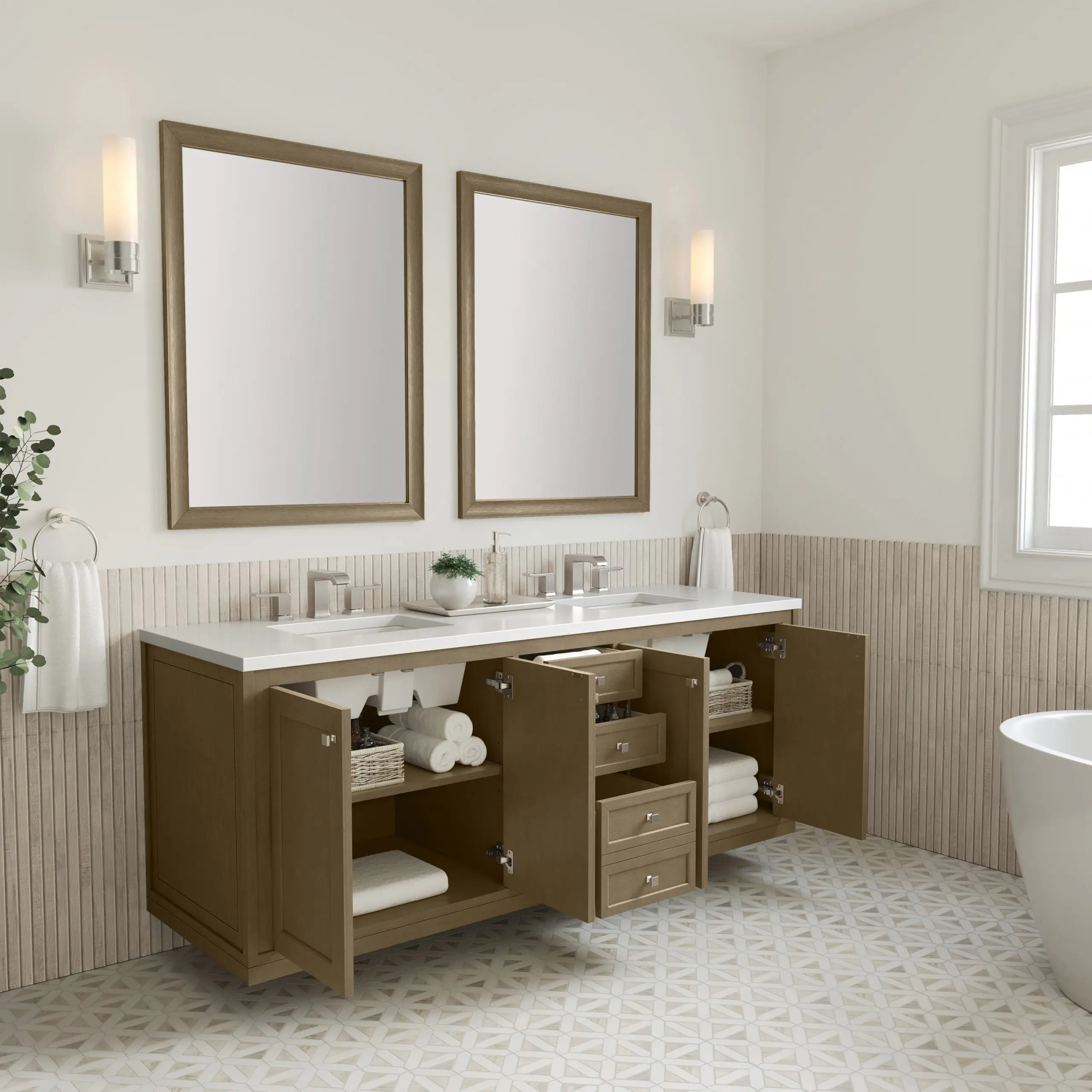 Chicago Vanity Collection 72" Walnut Whisper - Double Bowl - Open View