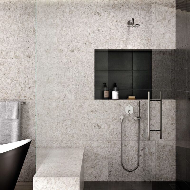 Quartz Tops in Bath Design featured in shower walls, countertops, and flooring at French Creek Designs in Casper, WY