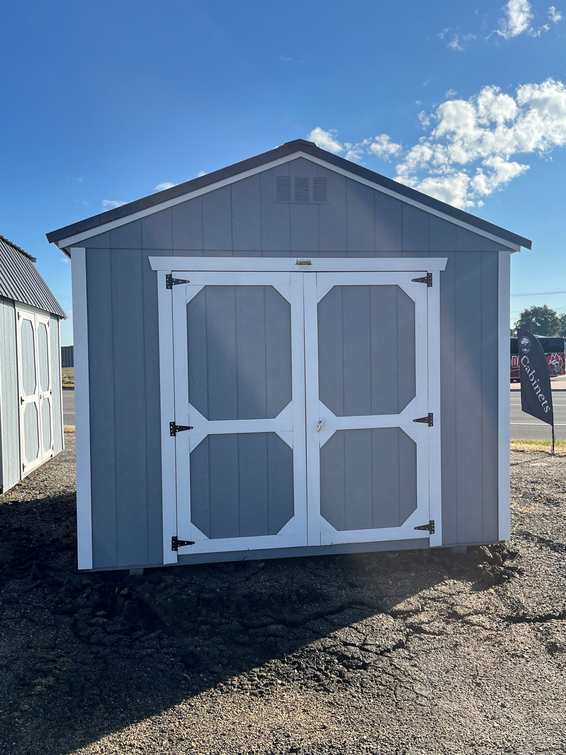 Buy Now 10×12 Utility Shed For Sale - Gray Shadow Paint, Barn White Trim or Order at French Creek Designs Shed Sales, Casper, WY