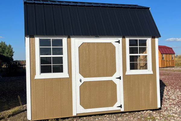Buy now 8×12 Lofted Barn Shed For Sale - Buckskin Paint, Barn White Trim or Order at French Creek Designs Shed Sales, Casper, WY