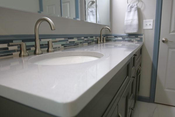 Client Bathroom Remodel 125, master bath quartz countertops and backsplash
