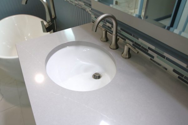 Client Bathroom Remodel 125, master bath quartz countertops and backsplash