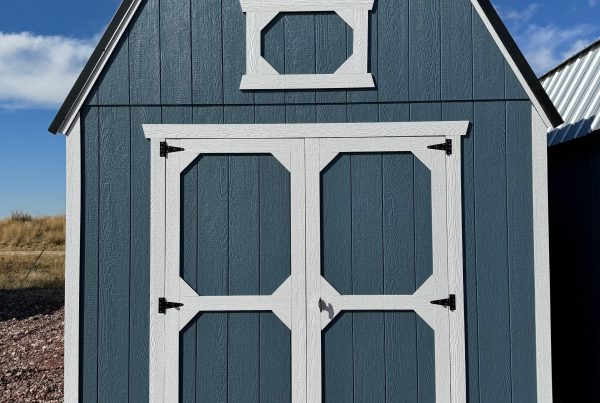 For Sale 10×20 Lofted Barn Shed For Sale Belmont Blue Paint White Trim at French Creek Designs Shed Sales in Casper, WY