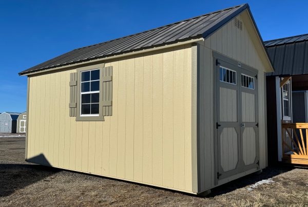 For Sale 10×16 Utility Shed For Sale Beige Paint Rosemary Green Trim at French Creek Designs Shed Sales in Casper, WY