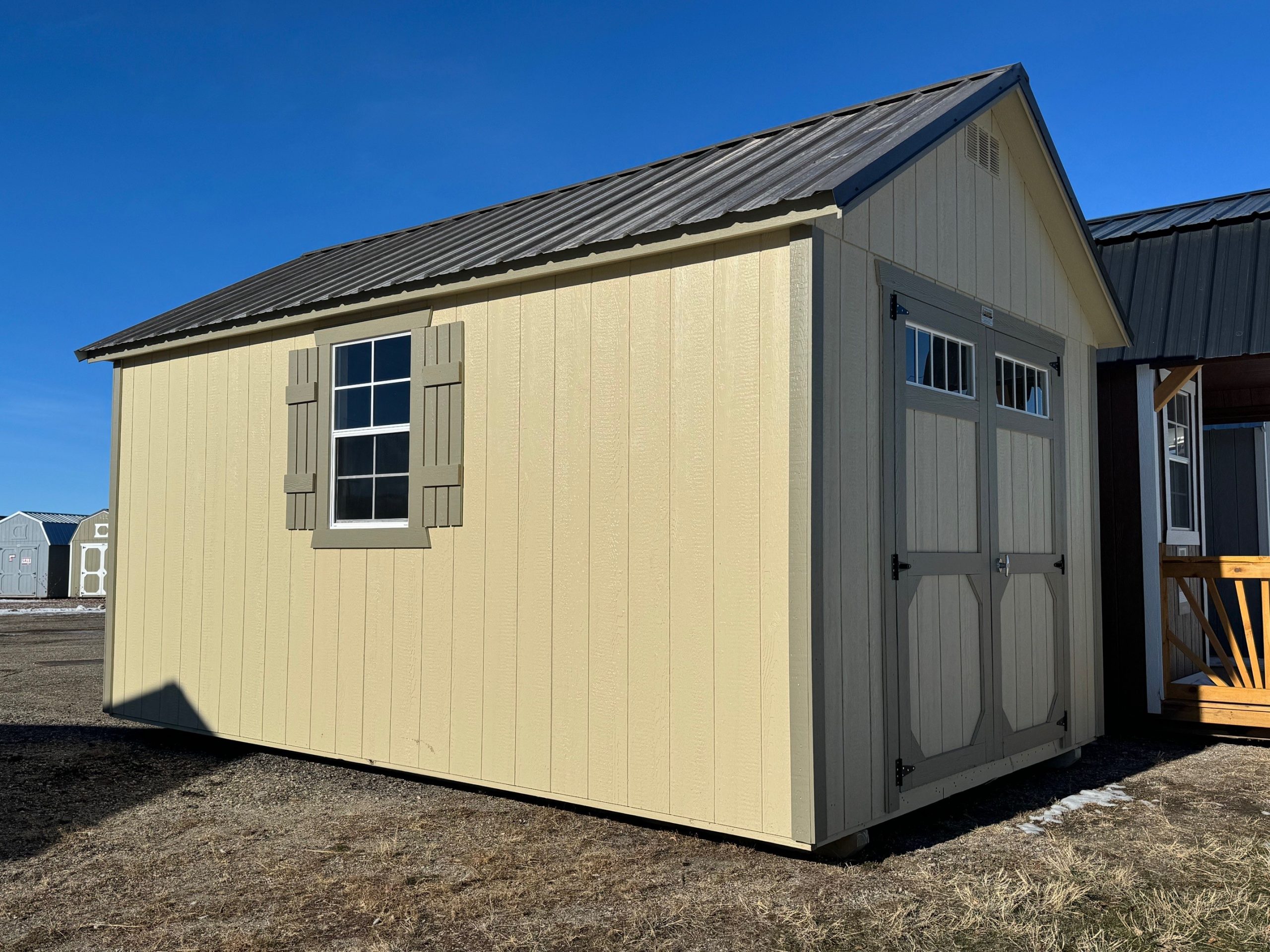 10×16 Utility Shed For Sale Beige Paint Rosemary Green Trim