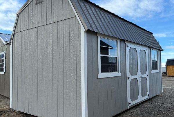 For Sale 10×20 Lofted Barn Shed For Sale Gap Gray Paint Barn White Trim at French Creek Sheds for Sale in Casper, WY