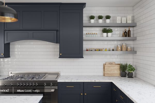 Shop Galaxy Indigo Kitchen Hood and Stainless Steel Floating Shelves at French Creek Designs in Casper, WY