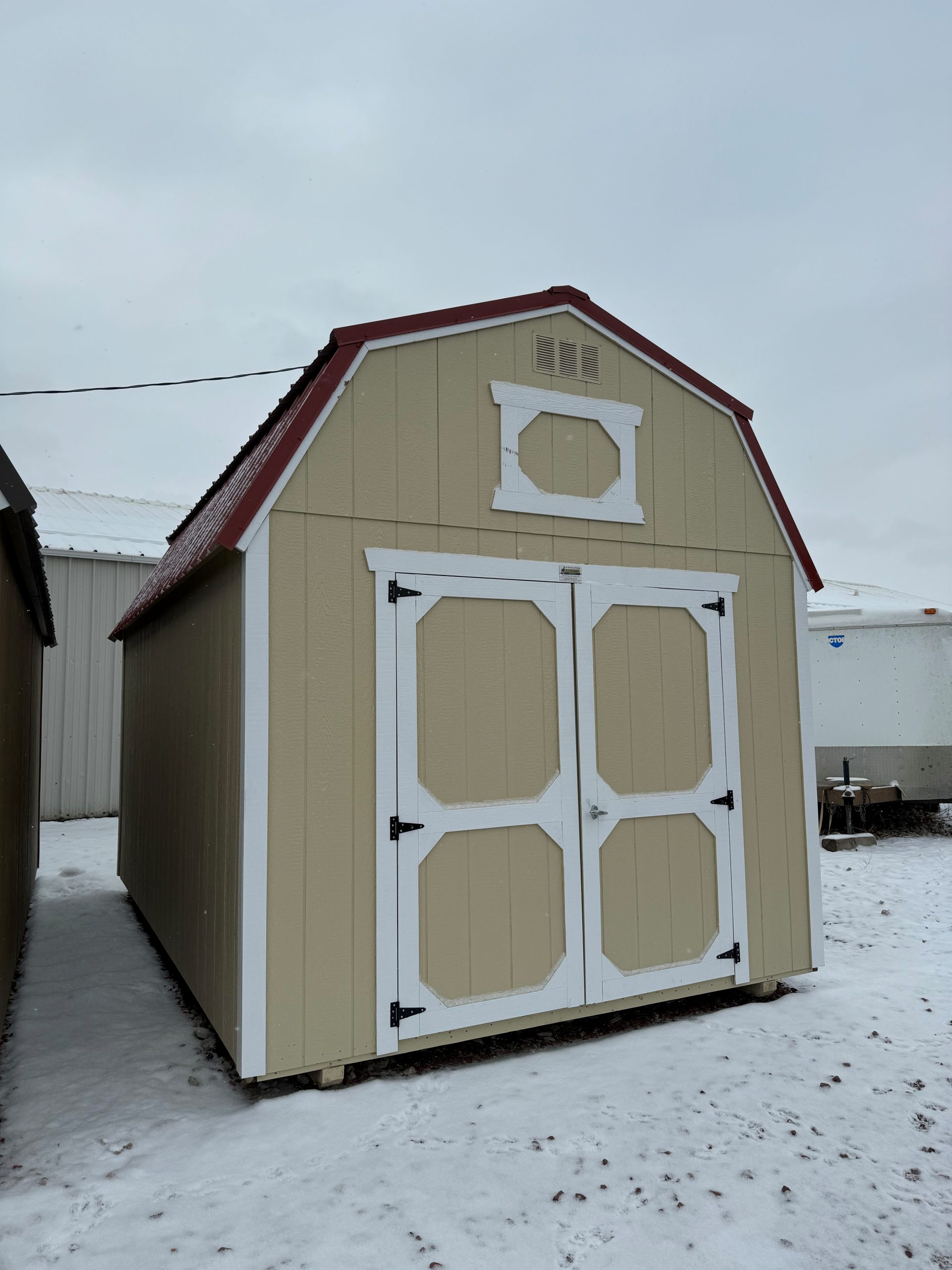 10×16 Lofted Barn Shed For Sale Beige Paint Barn White Trim