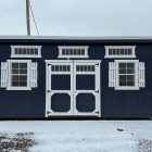 For Sale 10×20 Side Gable Shed For Sale Blue Paint Barn White Trim At French Creek Designs in Casper, WY
