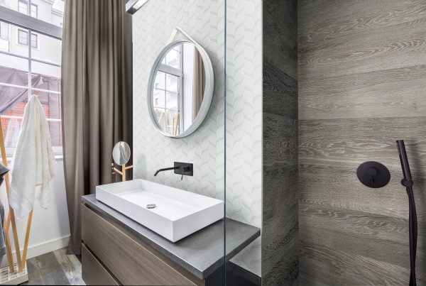 Shop Striking white bathroom tiles, including the pure white petal mosaic at French Creek Designs Tile Design Center in Casper, WY
