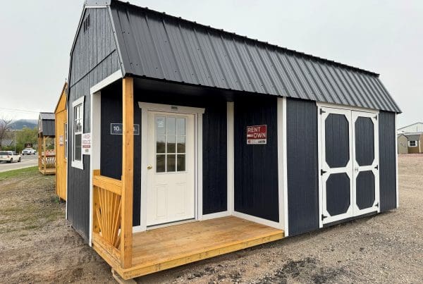 For Sale 10×20 Blue Painted Side Porch Shed with White Trim at French Creek Designs Shed Sales in Casper, WY