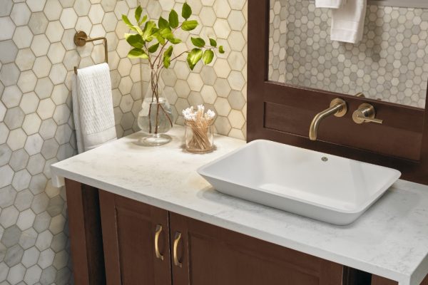 Calacatta Vicenza Quartz bathroom ideas found at French Creek Designs in Casper, WY