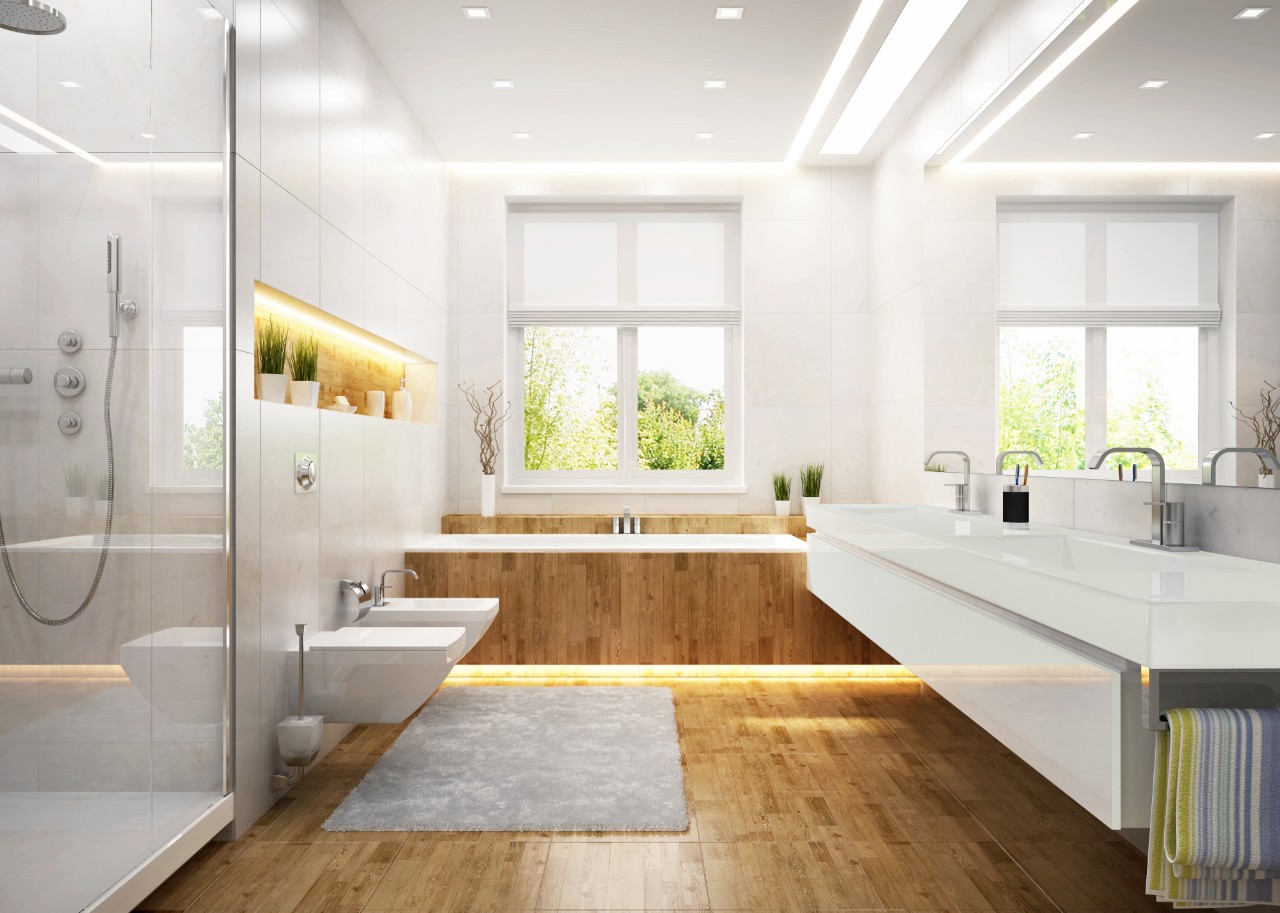 Stellar White Quartz in bathroom design ideas found at French Creek Designs in Casper, Wyoming