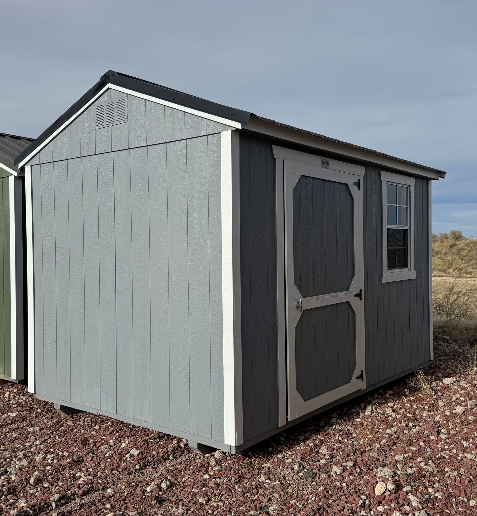 8×12 Steely Gray Painted Utility Shed For Sale at French Creek Designs Shed Sales, Casper, Wyoming