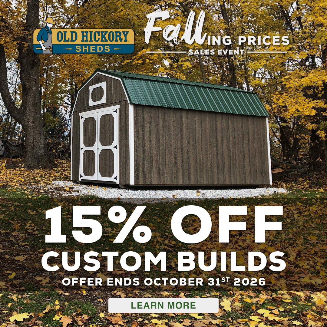 15% off custom build sheds and buildings at French Creek Designs Shed Sales